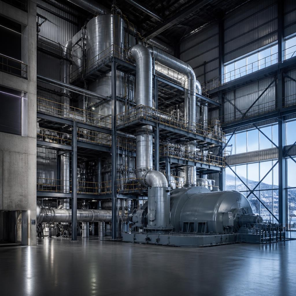 Stora industriella värmepannor och turbiner i ett kraftverk